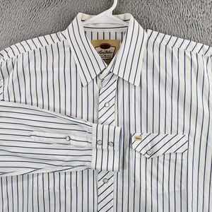 Larry Mahan Mens Western Pearl Snap Shirt Large Blue White Stripe Cotton
